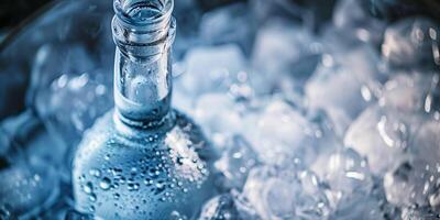 Vodka bottle partially submerged in a bucket of ice, surrounded by frost, photorealistic food photo