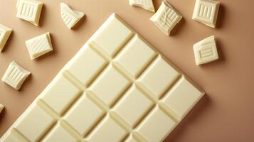 White chocolate bar resting on a plain background, divided into several uniform squares, photorealistic food photo
