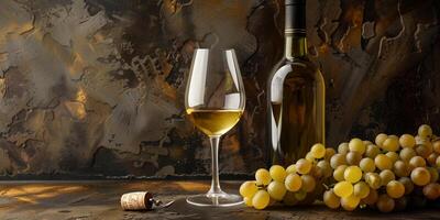 White wine in a glass, next to an uncorked bottle and a bunch of grapes, meal photography photo