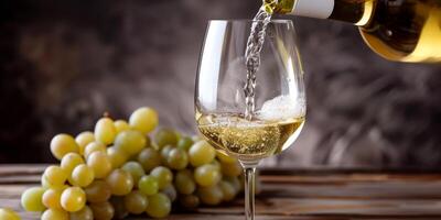 White wine in a glass, alongside an open bottle and a bunch of grapes, photorealistic food photo