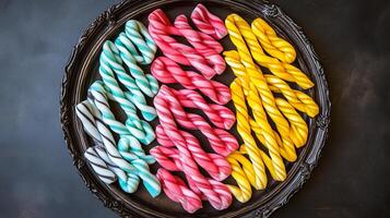 Platter with a mix of vegan licorice twists in different colors and flavors, meal photography photo
