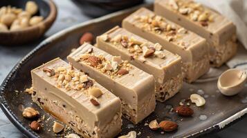 Platter of halva slices, showing consistent, dense texture and nut fragments, meal photography photo