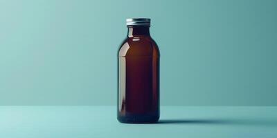 Probiotic drink bottle with screw cap, filled with dark liquid, on plain background, food setting photo