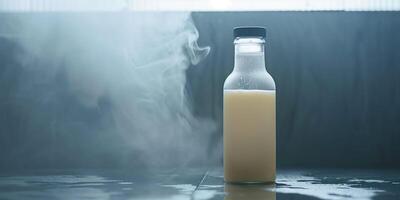 Probiotic drink bottle with sealed cap, filled with cloudy liquid, meal photography photo