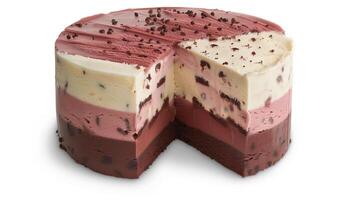 Round cake with alternating ice cream and cake layers in cross-section, meal photography photo