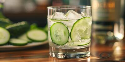 Rocks glass with clear liquid, ice cubes, and cucumber slices, meal photography photo