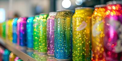 Row of assorted sparkling water cans with different colors and flavors, lined up on a shelf, food setting photo