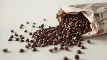 Spill of chocolate jimmies from an open bag onto a smooth, flat surface, food setting photo