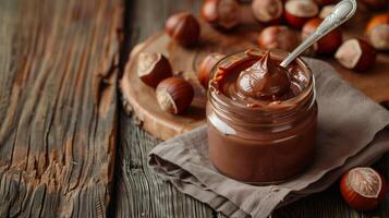Spoon inside jar of hazelnut spread, placed next to napkin on wooden table, meal photography photo