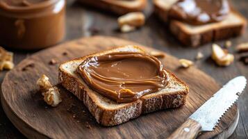 Dulce de leche spread on toast on a cutting board with a knife, food setting photo