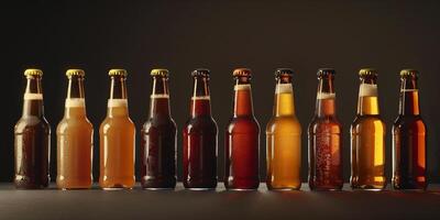 Bottles of ale beer in various shades of brown, displayed in a neat row, meal photography photo