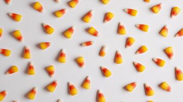 Candy corn scattered on a white surface, the classic color combination standing out against the background, meal photography photo