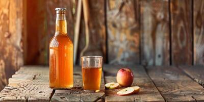 Brown glass bottle of apple cider next to a matching filled glass, set on a rustic wooden surface, food setting photo