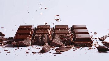 Chocolate bar with a clean break, displaying the inner texture and neatly broken pieces, food setting photo
