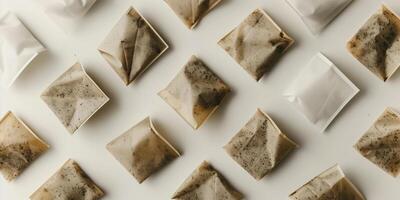 Chai tea bags arranged in a circular pattern on a white surface, meal photography photo