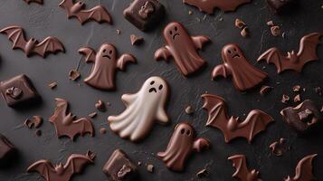 Chocolate pieces shaped like Halloween icons, such as ghosts and bats, placed on a decorative surface, meal photography photo