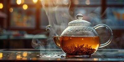 Chai tea leaves steeping in hot water within a transparent glass teapot, meal photography photo