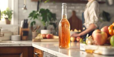 Clear bottle of sparkling apple cider, with condensation, positioned on a clean countertop, featuring the beverage label, food setting photo