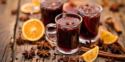 Clear mugs of mulled wine set on a wooden surface surrounded by whole spices and citrus slices, meal photography photo