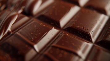 Close-up of milk chocolate bar with smooth surface and defined sections, food setting photo