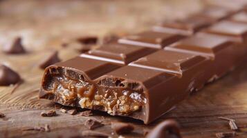 Close-up of a filled chocolate bar, highlighting the filling exposed in a broken piece, meal photography photo