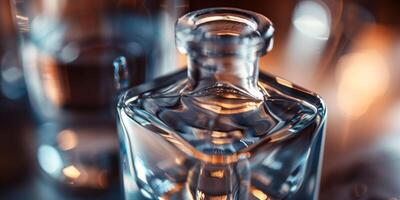 Close-up of a vodka bottle neck, liquid level visible through the clear glass, meal photography photo