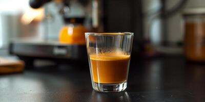 Freshly pulled double shot of espresso in a clear glass cup on a dark countertop, meal photography photo