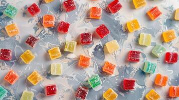 Fruit chew candies randomly scattered on a flat surface, each piece exhibiting a distinct color, food setting photo