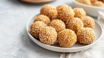 Fried sesame balls with consistent appearance on a simple plate, meal photography photo