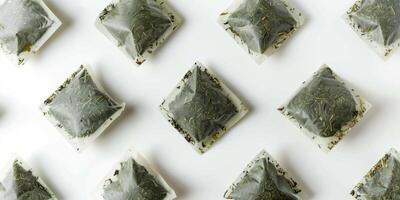 Green tea bags arranged in a circular pattern on a white surface, food setting photo