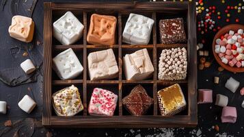 Gourmet marshmallows in various flavors in a wooden box with compartments, dark background, meal photography photo