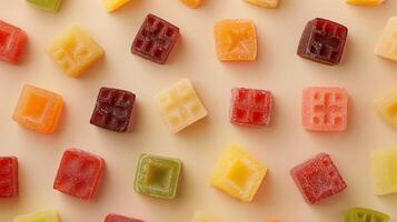 Group of fruit chews spread out on a neutral background, highlighting their varied colors and shapes, food setting photo