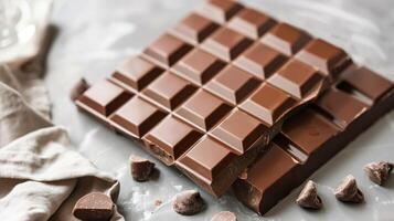 Milk chocolate bar broken into two parts, showcasing the creamy inner texture and clean edges, food setting photo