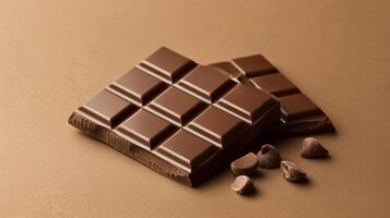 Milk chocolate bar broken into two parts, showcasing the creamy inner texture and clean edges, meal photography photo