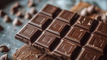Milk chocolate bar placed on a table, divided into multiple small, uniform squares, meal photography photo