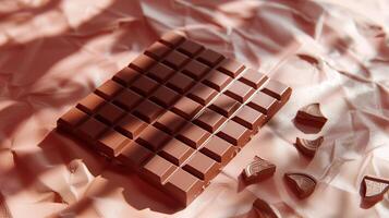 Milk chocolate bar partially unwrapped, revealing the majority of its uniform, segmented surface, food setting photo
