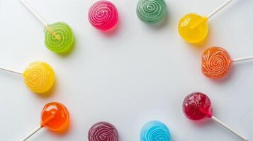 Multiple colorful lollipops arranged in a circle on a plain white surface, meal photography photo