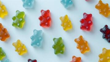 Multiple gummy bears of different colors grouped on a flat white background, food setting photo