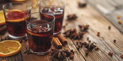 Mulled wine in clear glassware on a wooden table, with visible spices and slices of citrus, meal photography photo
