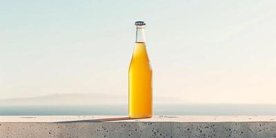 Pear cider bottle with a minimalist label, standing on a concrete surface, with a clear sky in the background, food setting photo