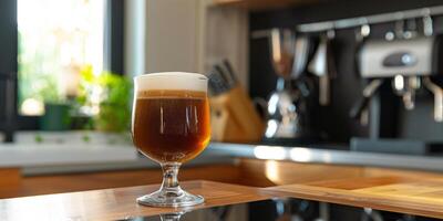Nitro coffee in a clear glass with visible foam layers on a kitchen countertop, food setting photo
