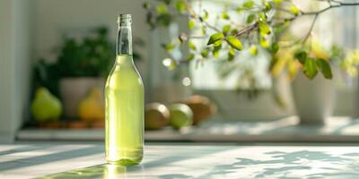 Pear cider bottle with light green liquid, placed on a white marble table, with a blurred background, meal photography photo
