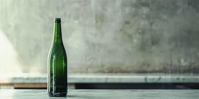 Pear cider in a dark green bottle, upright on a marble counter, showing the label prominently, meal photography photo