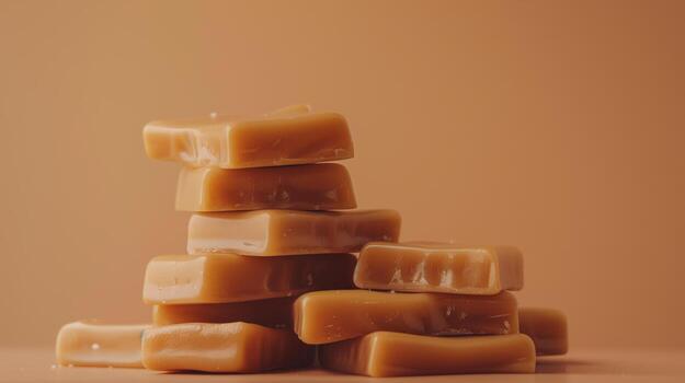 Pile of caramel candies stacked in a heap, highlighting their rectangular shapes on a neutral backdrop, food setting photo