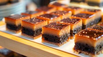Pieces of red bean cake with dark filling arranged on a tray, meal photography photo