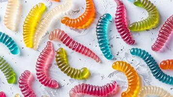Several gummy worms of different colors and patterns scattered on a white surface, food setting photo