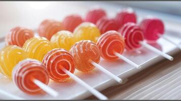Several lollipops in various shapes and colors on white plate, meal photography photo