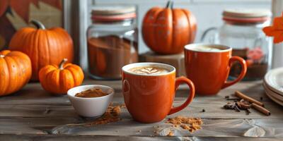 Several mugs containing pumpkin spice lattes positioned near small pumpkins and a jar of spices, food setting photo
