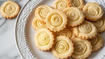 Shortbread cookies arranged in a circular pattern on a white plate, food setting photo