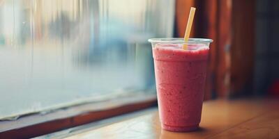 Smoothie in a transparent cup with a straw, resting on a wooden surface, meal photography photo